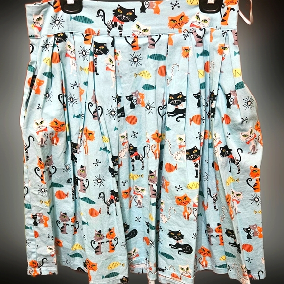 Lindy Bop Blue Cat Print A-Line Skirt - Picture 1 of 3